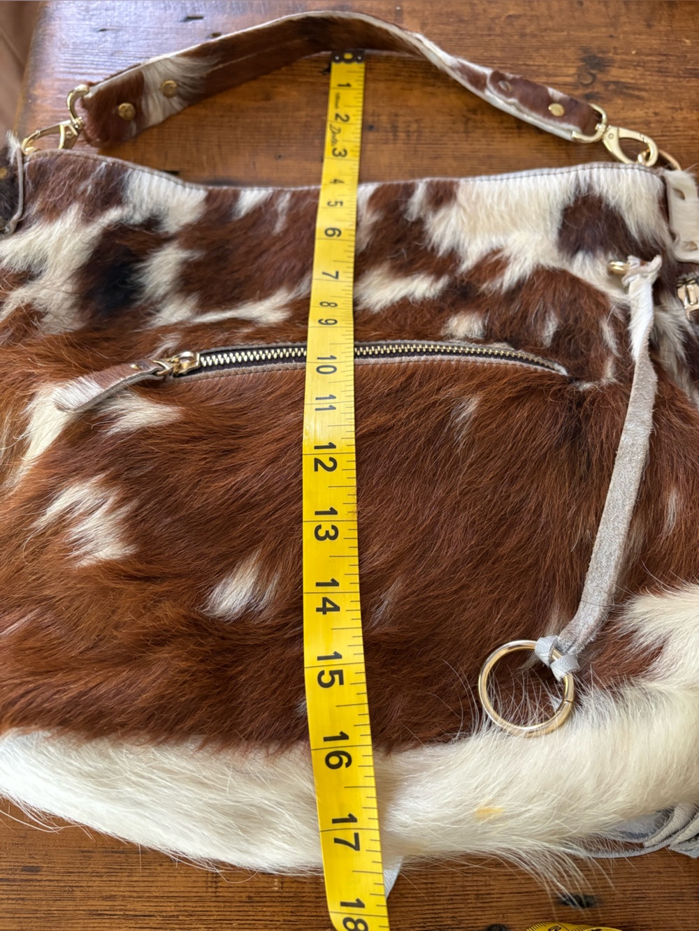 Charlie Leather Genuine Hair-on-Hide Cowhide Fringe Shoulder Bag Brown White - Picture 13 of 14